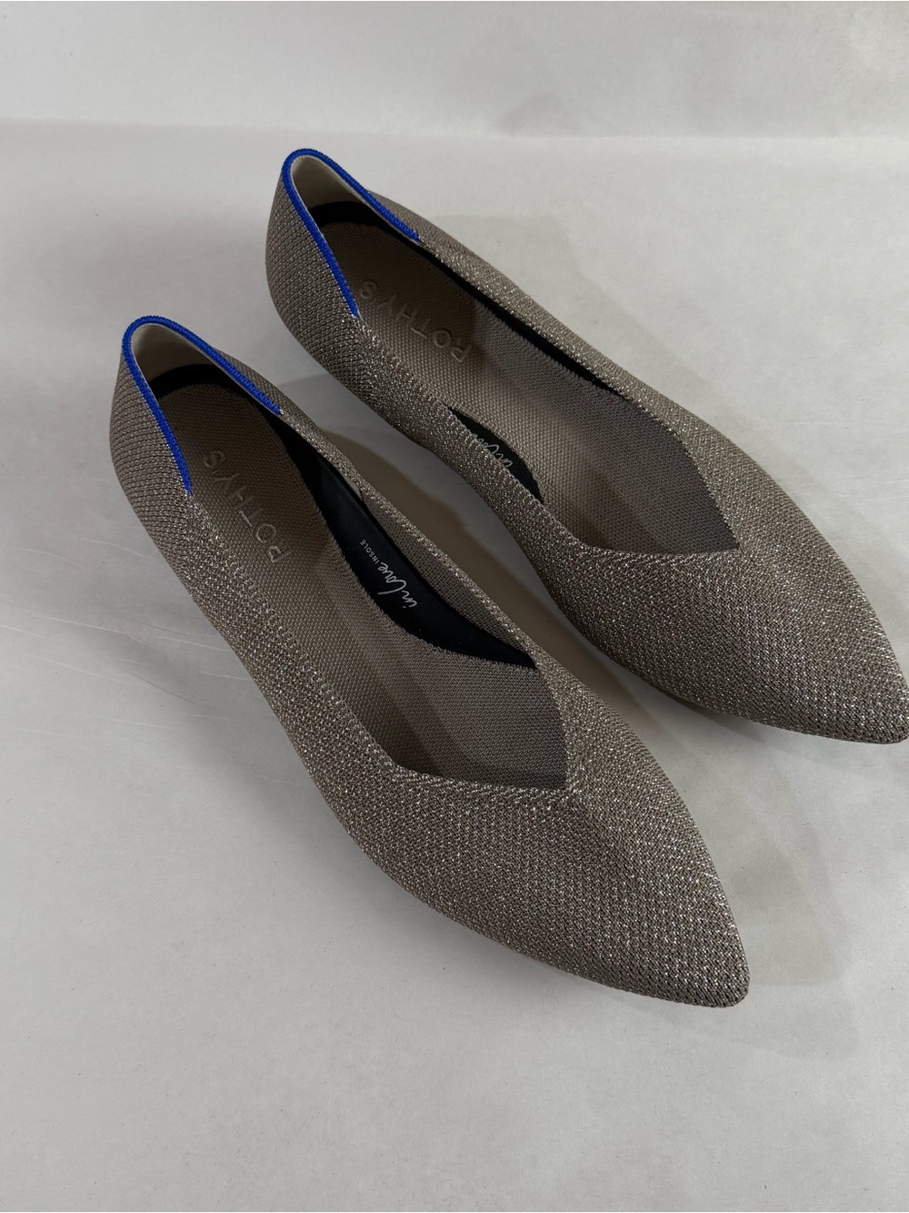 Rothys Pointed Toe Women's Flats in Metallic Taupe with Blue Trim